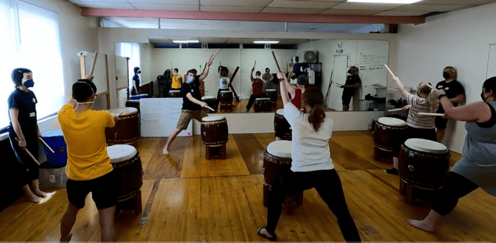 Students learning taiko 